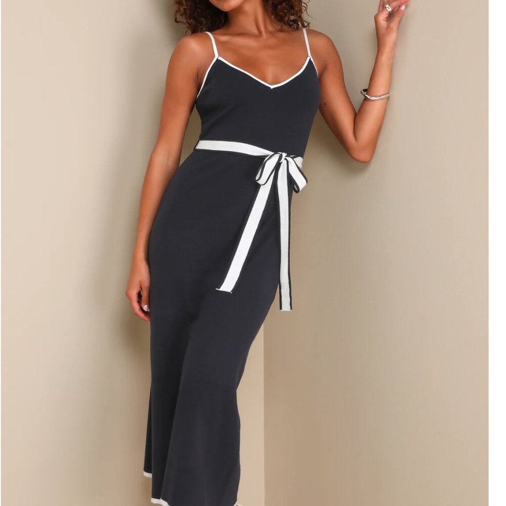 Chic Picture Navy Blue Color Block Sleeveless Midi Sweater Dress Size L